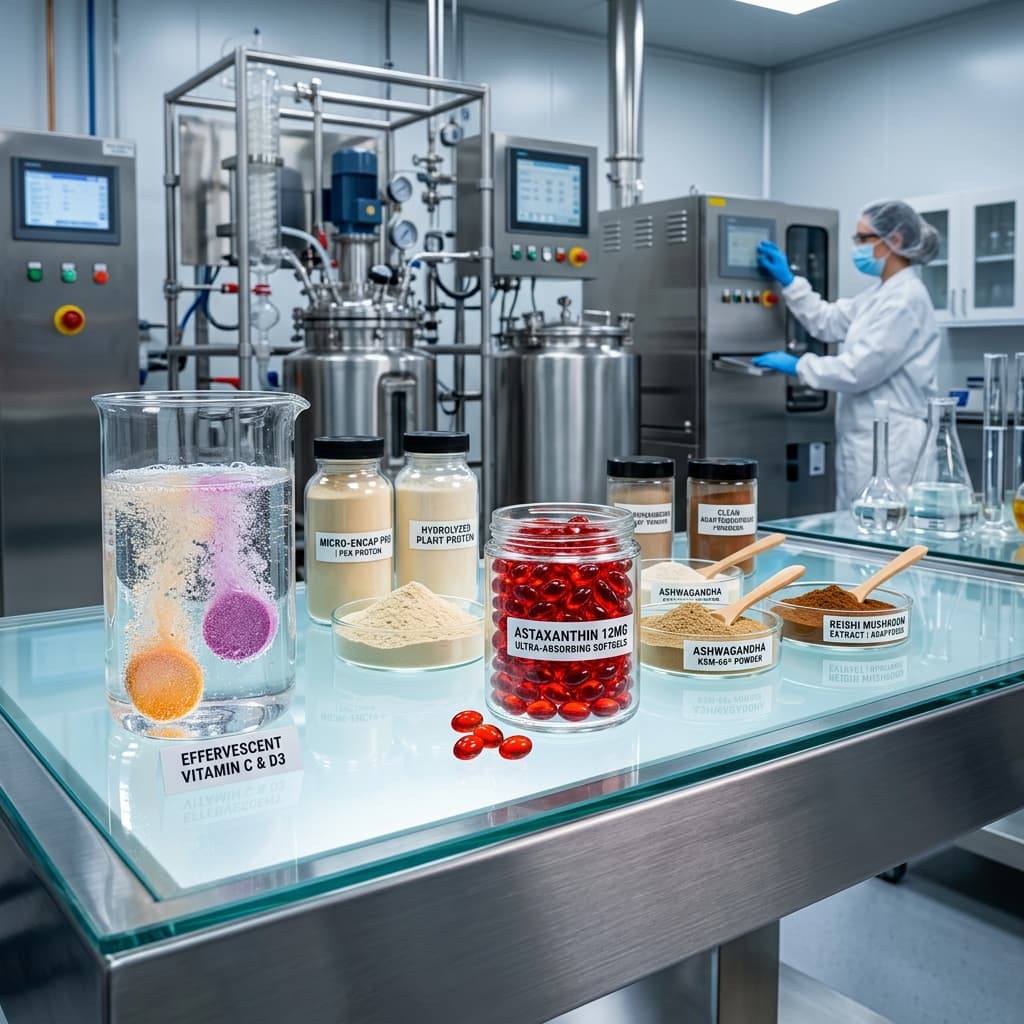 Advanced Nutraceutical Formulations & Delivery Systems — Effervescent tablets, plant protein blends, astaxanthin softgels, and adaptogenic powders by Leben Formulation