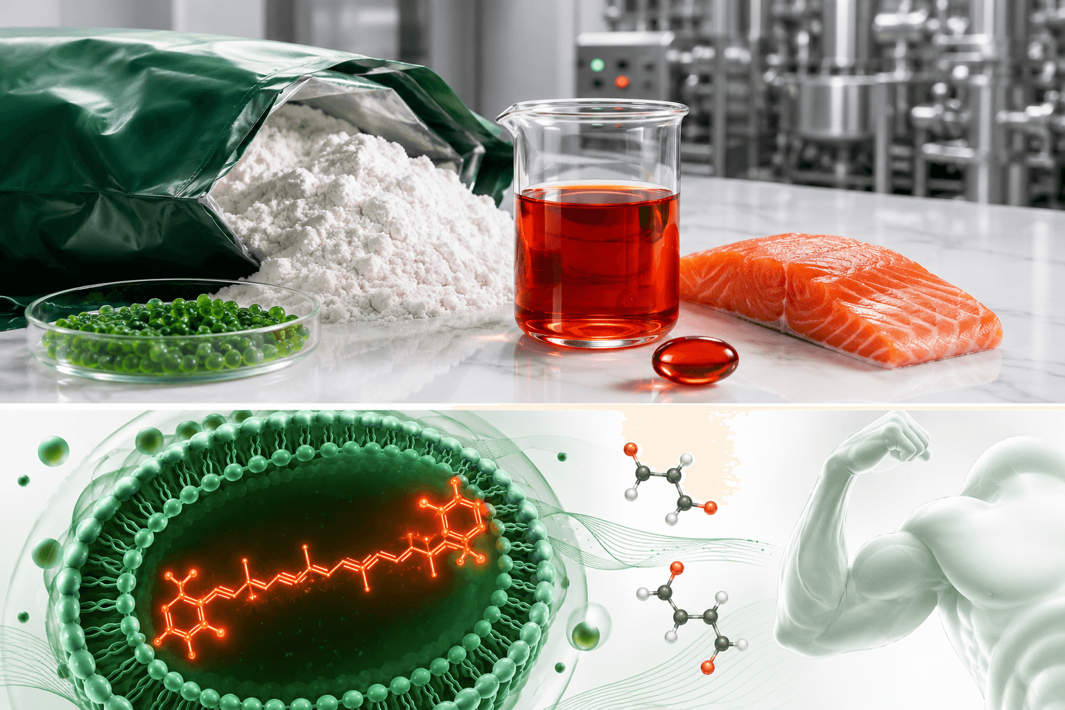Astaxanthin-infused whey protein powder manufacturing — vivid red antioxidant carotenoid blended with white protein powder in a GMP facility