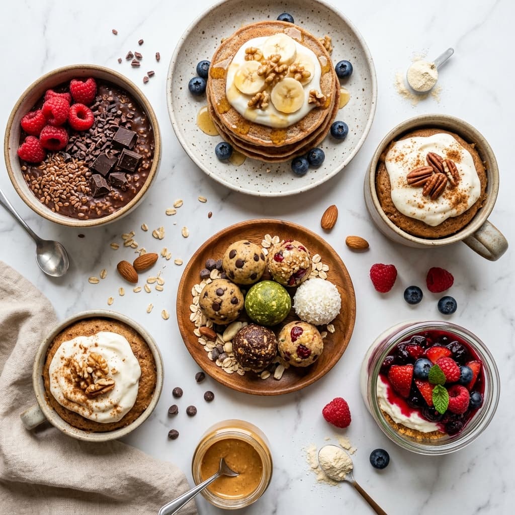 Five protein-packed desserts: chocolate oat cup, cinnamon mug cake, energy bites, berry cheesecake bowl, and banana pancakes